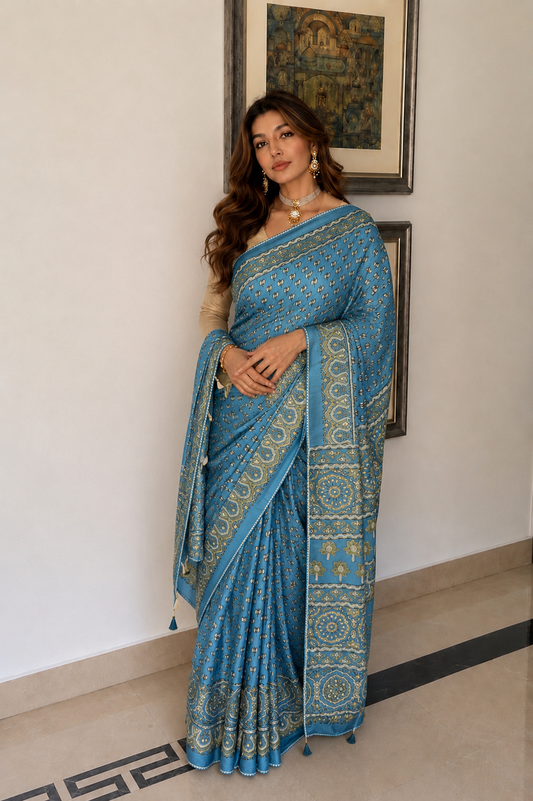 Blue Ajrakh Modal Saree with Aari Taari Sequence & Mirror Work