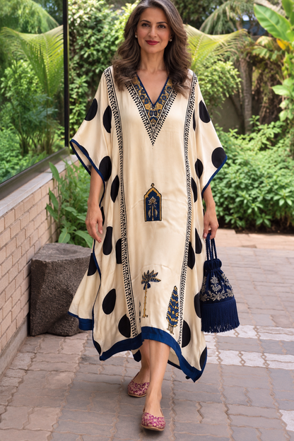 Ivory and navy polka hand block-printed modal silk kaftan by Gul