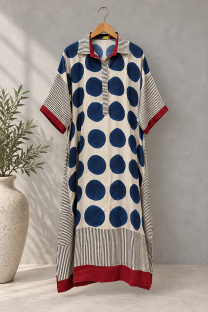 Blue polka modal silk kaftan, hand block print detail from Gujarat