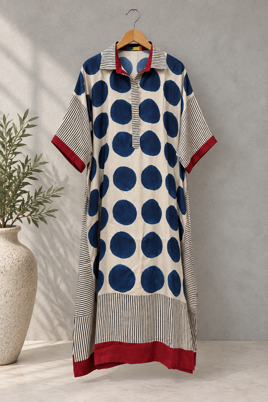 Blue Polka Modal Silk Kaftan