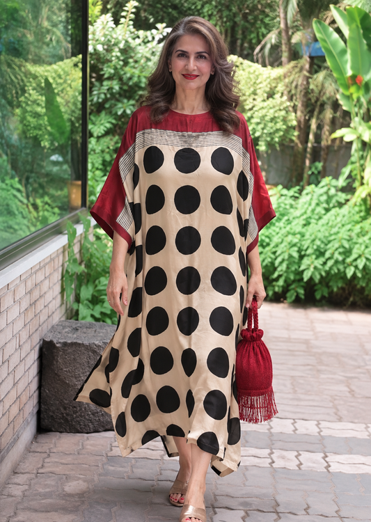 Black & Red Polka Modal Silk Kaftan