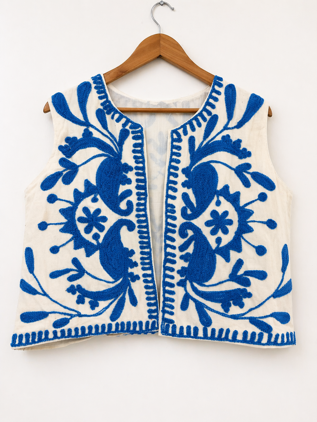 Ivory and blue Suzani embroidered vest, detail