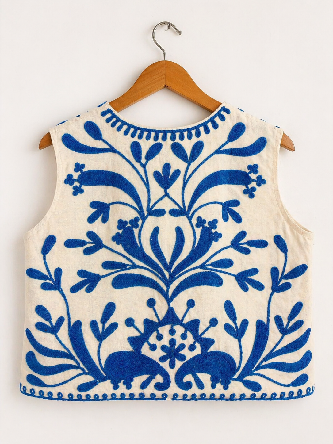 Ivory and blue Suzani embroidered vest, alternate view