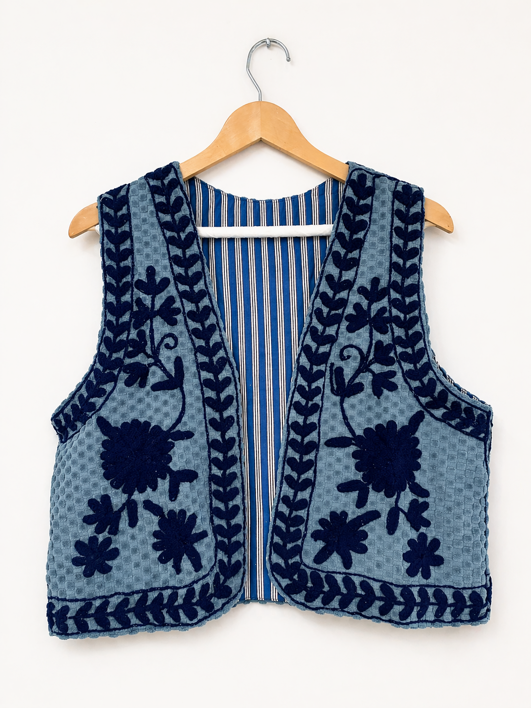 Indigo Suzani hand-embroidered vest, embroidery detail