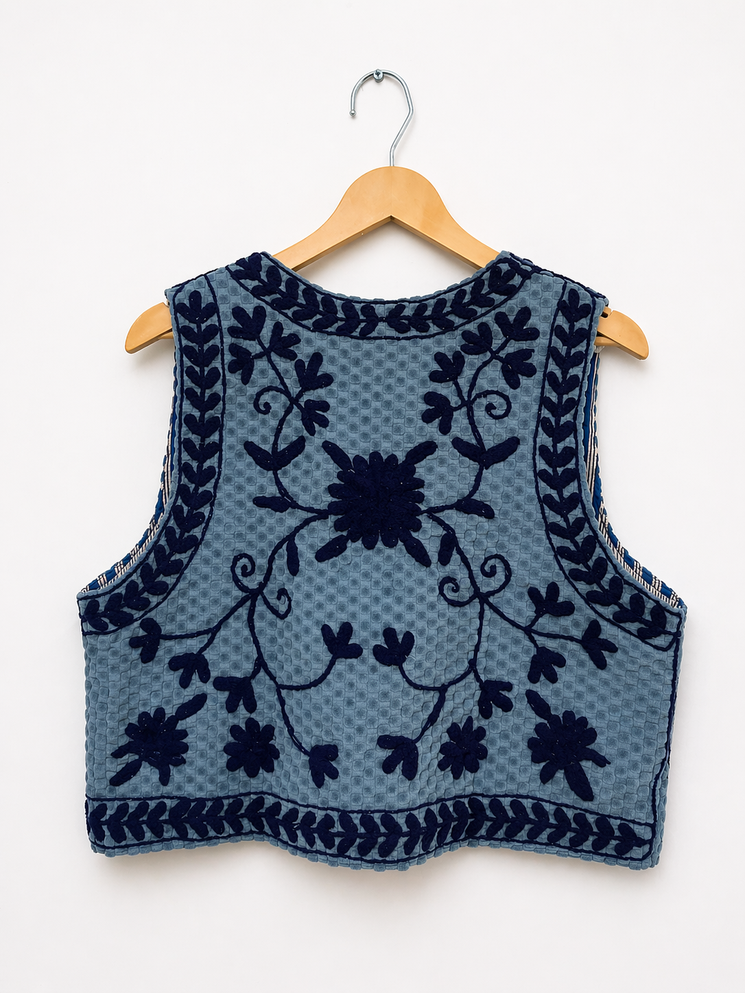Indigo Suzani hand-embroidered vest, alternate view