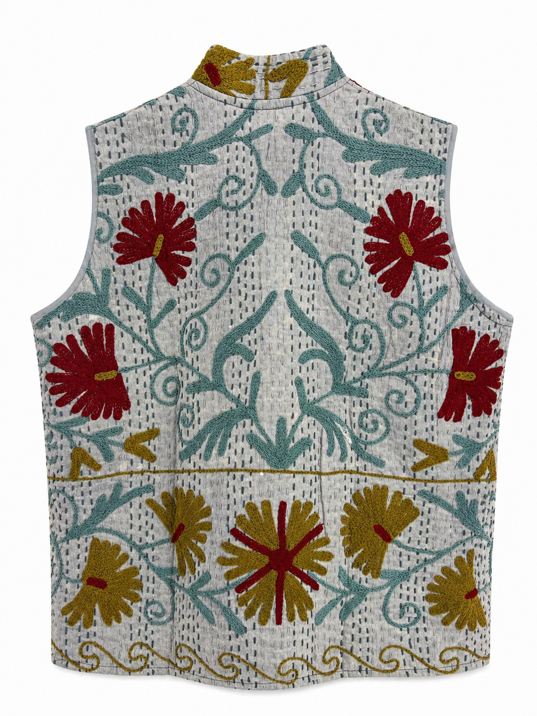 Grey Kantha Suzani embroidered vest, detail