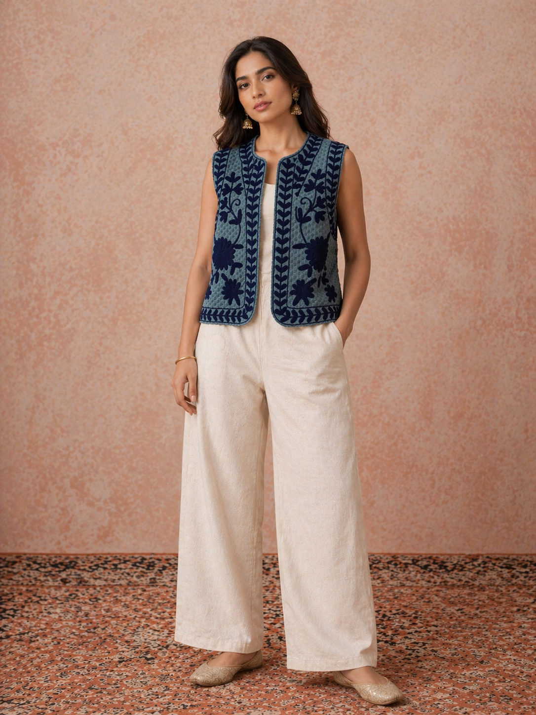 Indigo, blue and navy Suzani hand-embroidered vest by Gul
