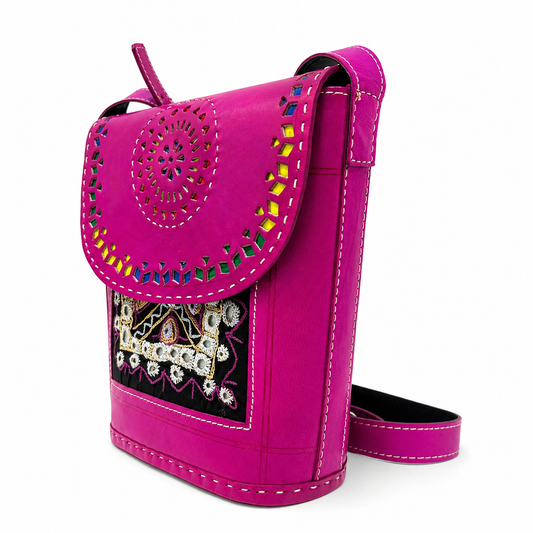 Fuchsia mirror work leather crossbody bag by Gul