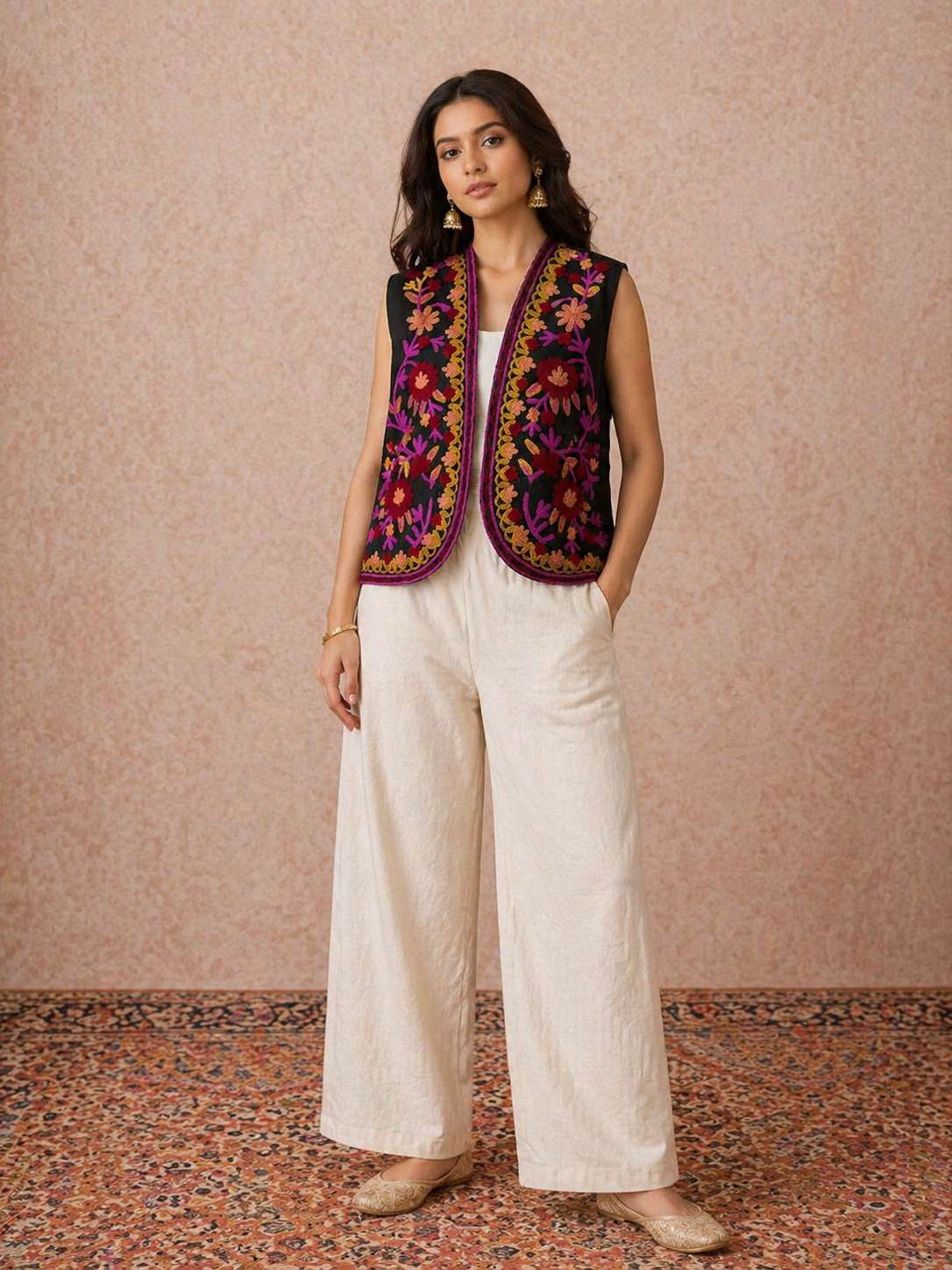 Black multicolour floral Suzani embroidered vest by Gul