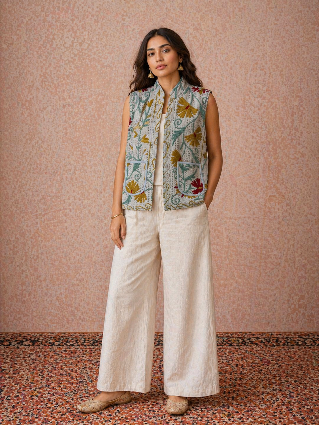 Grey Kantha Suzani embroidered vest by Gul