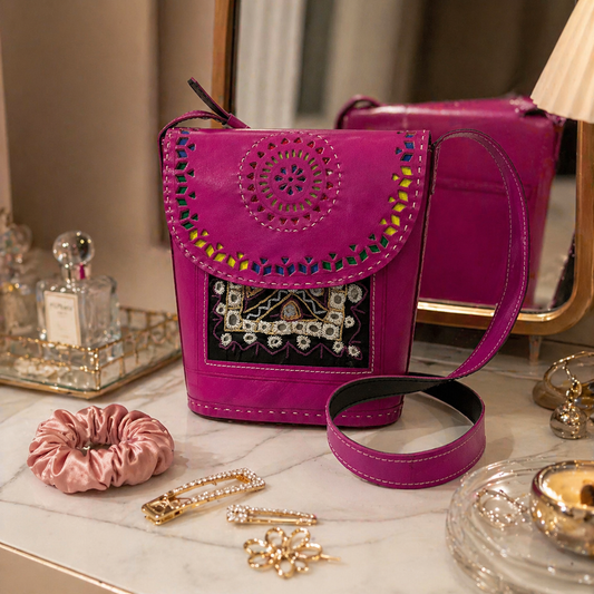 Fuchsia mirror work leather crossbody bag, alternate view
