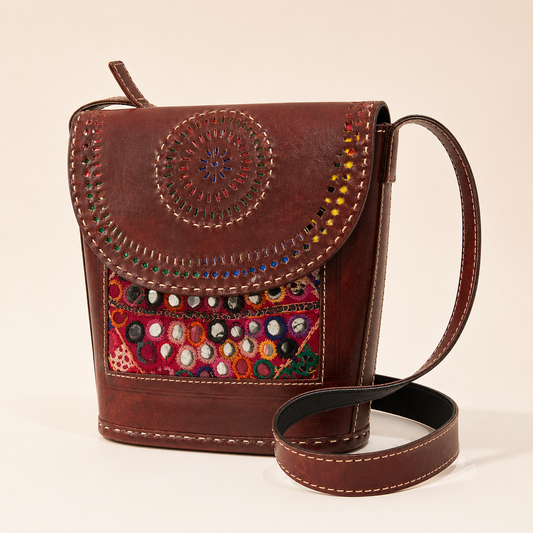 Brown cognac mirror work leather crossbody bag by Gul