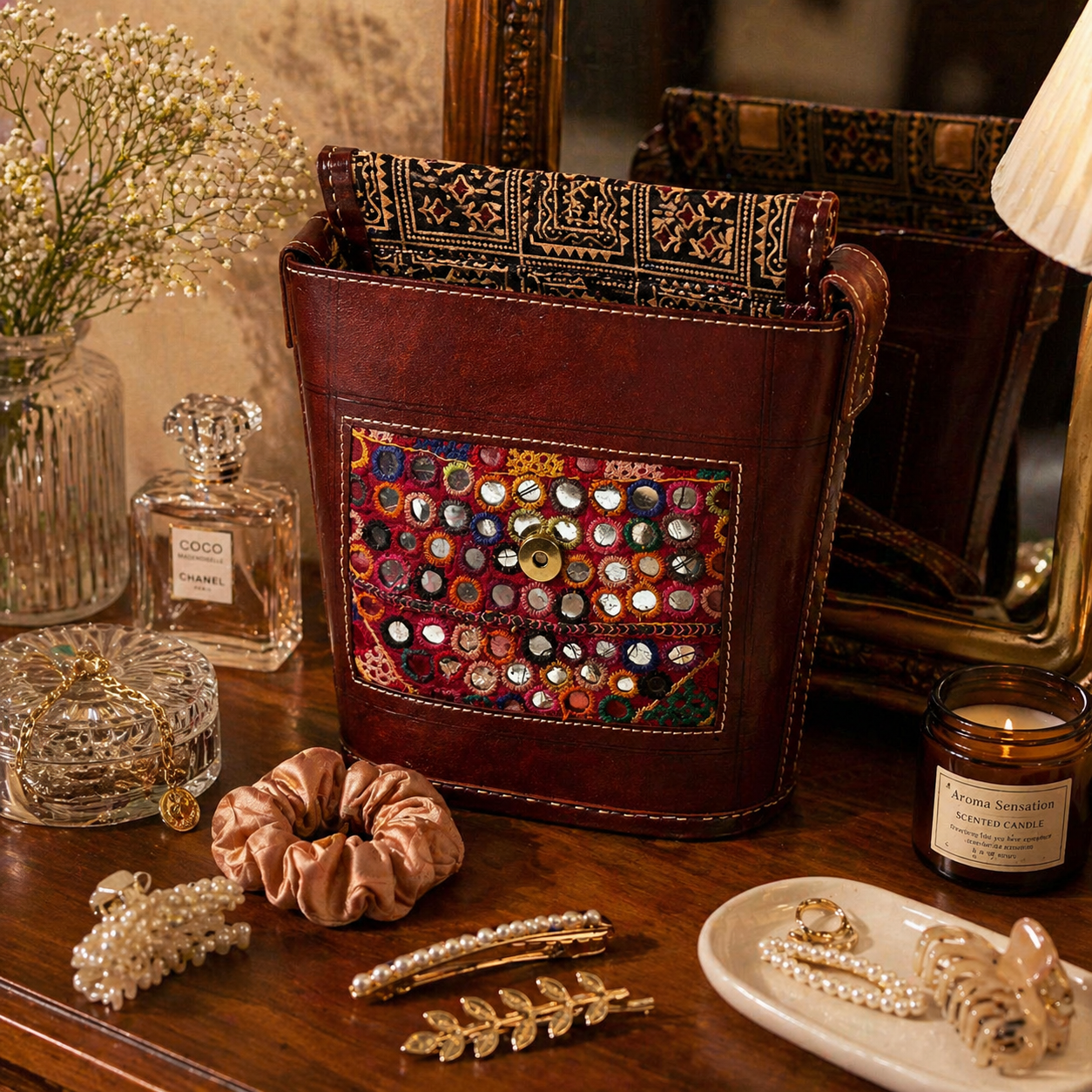 Brown mirror work leather crossbody bag, detail