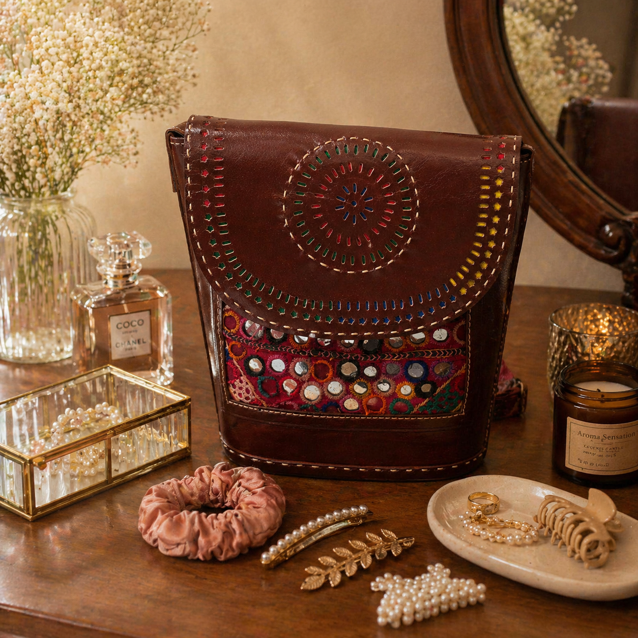 Brown mirror work leather crossbody bag, alternate view