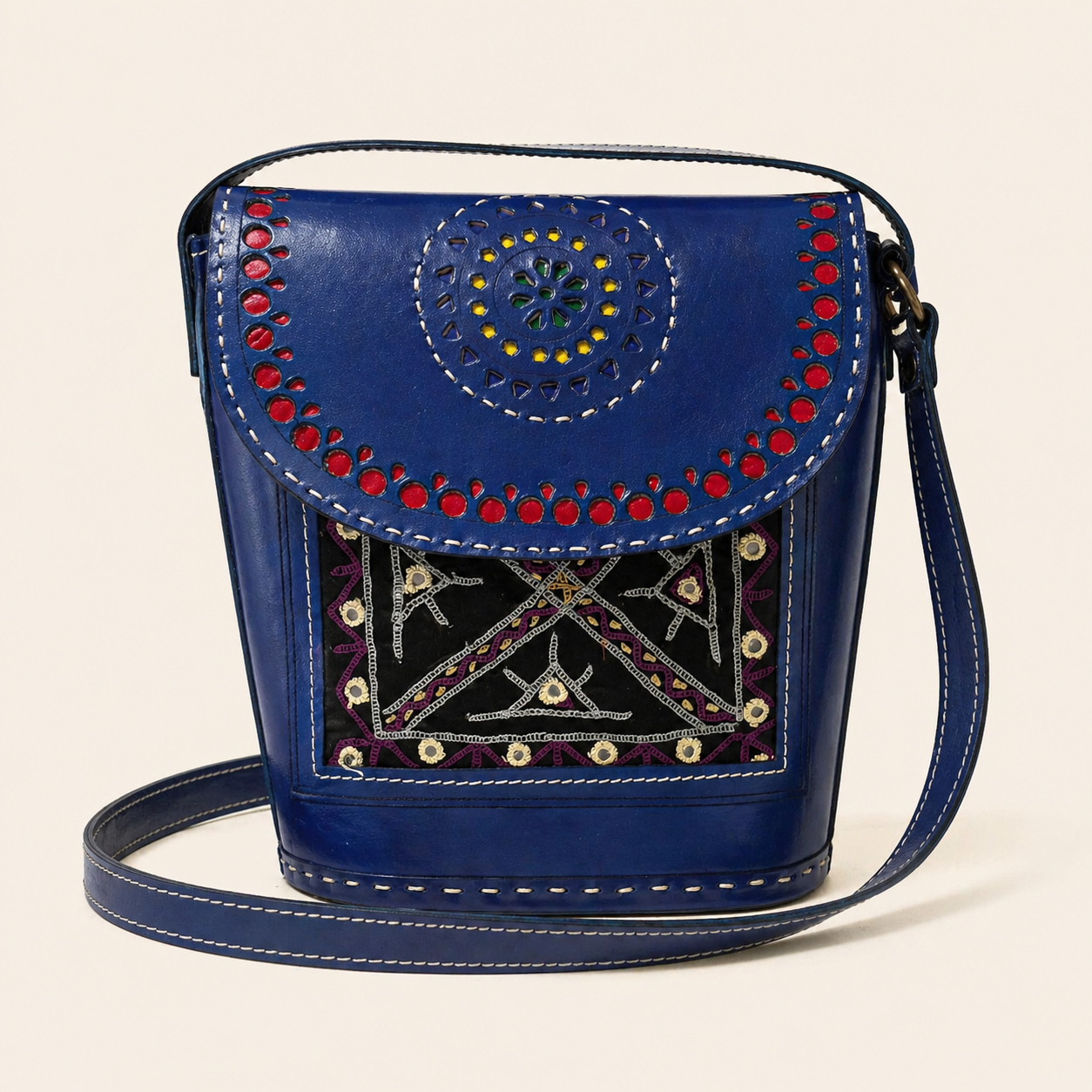 Blue mirror work leather bucket bag by Gul