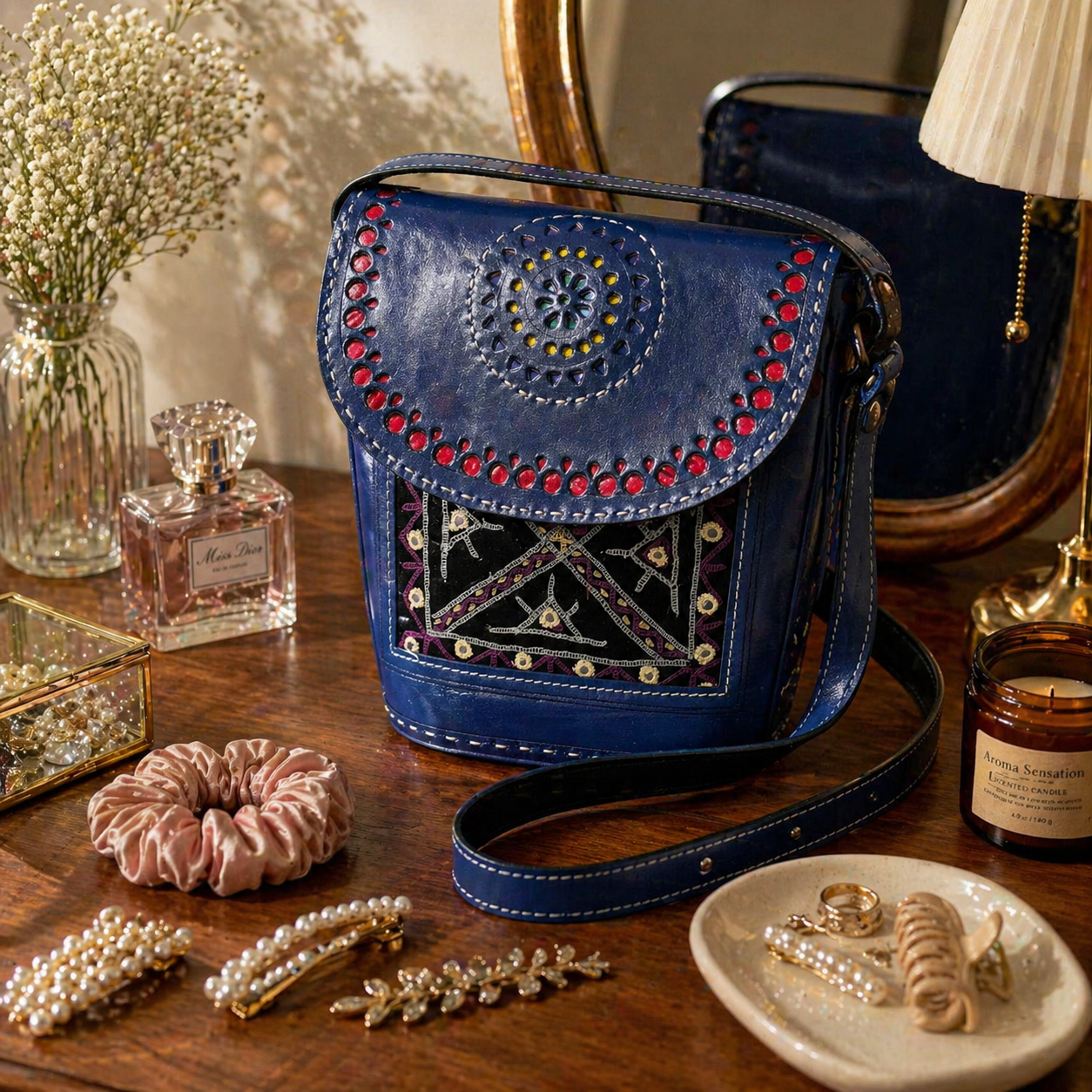 Blue mirror work leather bucket bag, alternate view