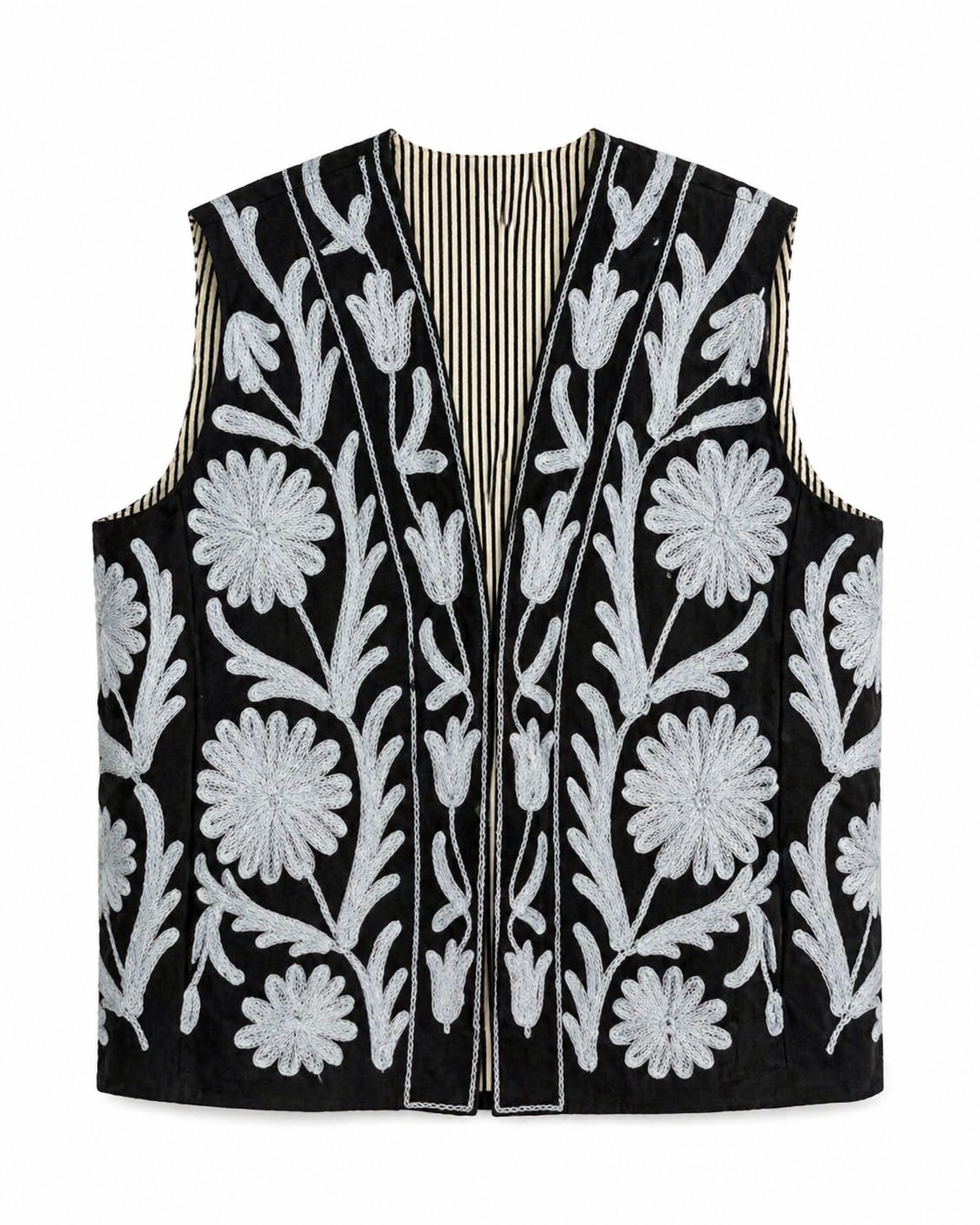 Black Suzani embroidered vest, alternate view