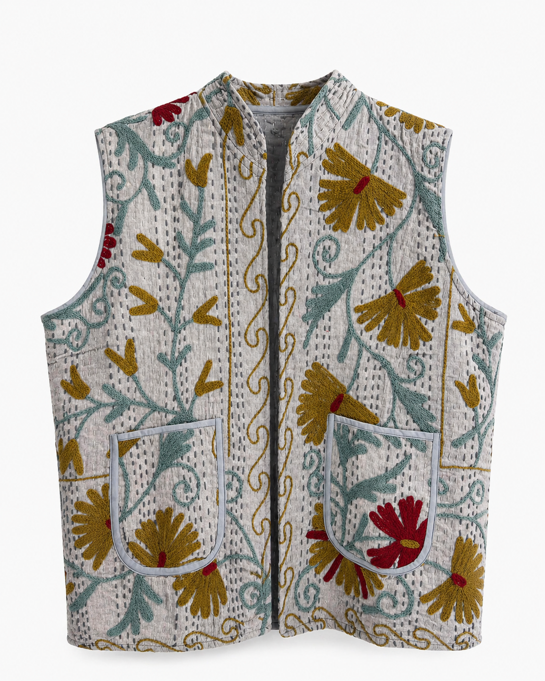 Grey Kantha Suzani embroidered vest, alternate view