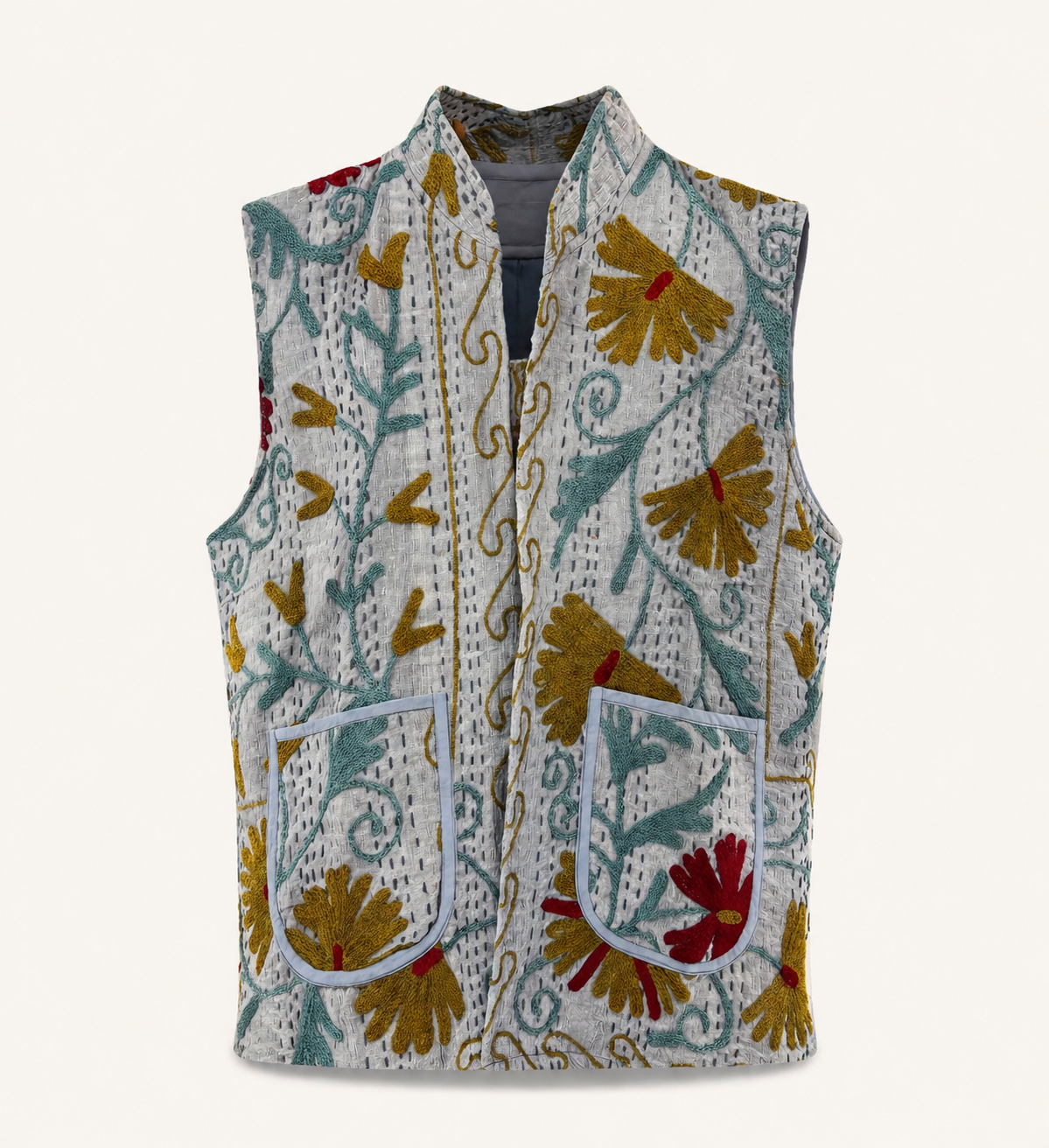 Grey Kantha Suzani embroidered vest, styled view
