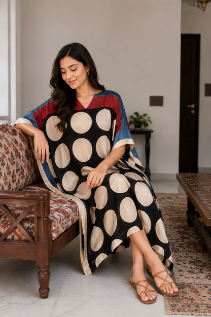 Chandni Ajrakh print modal silk kaftan in black and beige by Gul