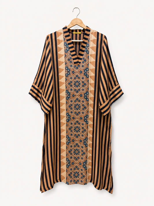 Riwayat Ajrakh print modal silk kaftan in camel tones by Gul