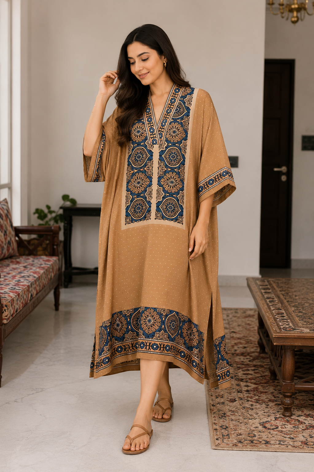 Lehren Ajrakh print modal silk kaftan, camel and black stripe, by Gul