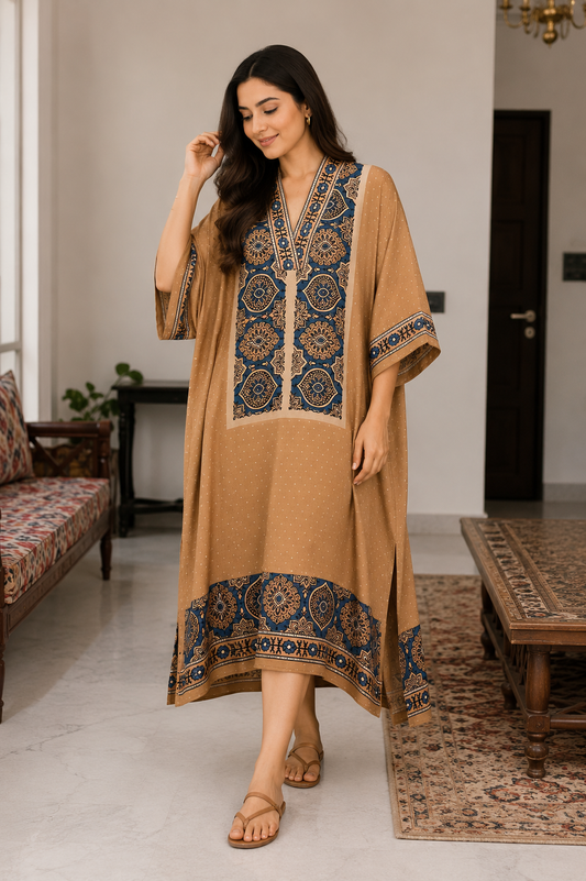Lehren Ajrakh print modal silk kaftan, camel and black stripe, by Gul
