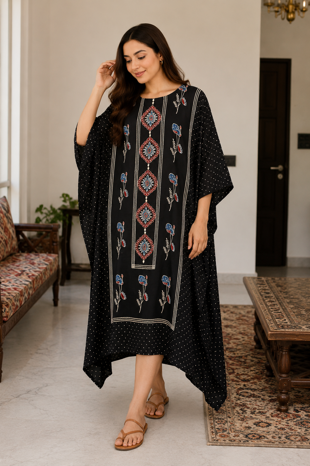 Shab Bandhani print modal silk kaftan with floral embroidery by Gul