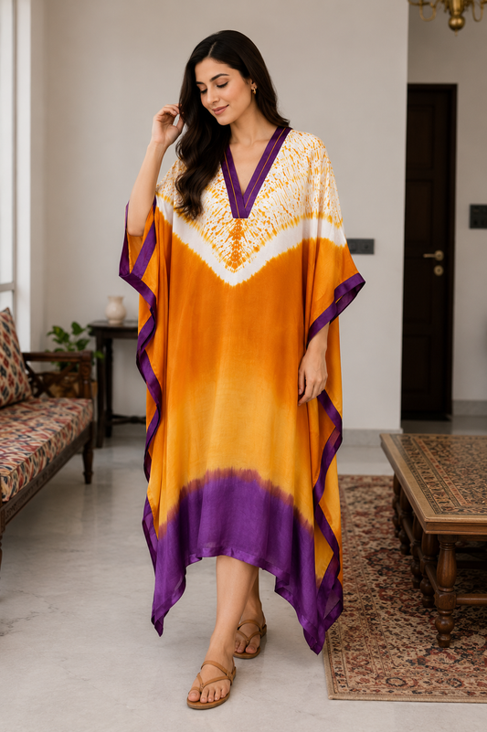Rose Shibori modal silk kaftan in saffron, ivory and rose by Gul