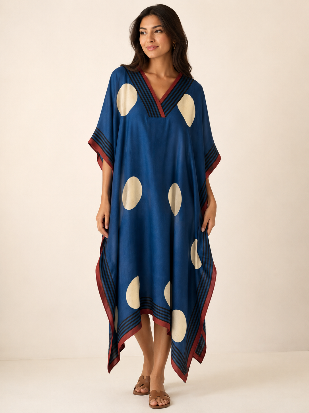 Baadal indigo block-print modal silk kaftan with ivory polka dots by Gul