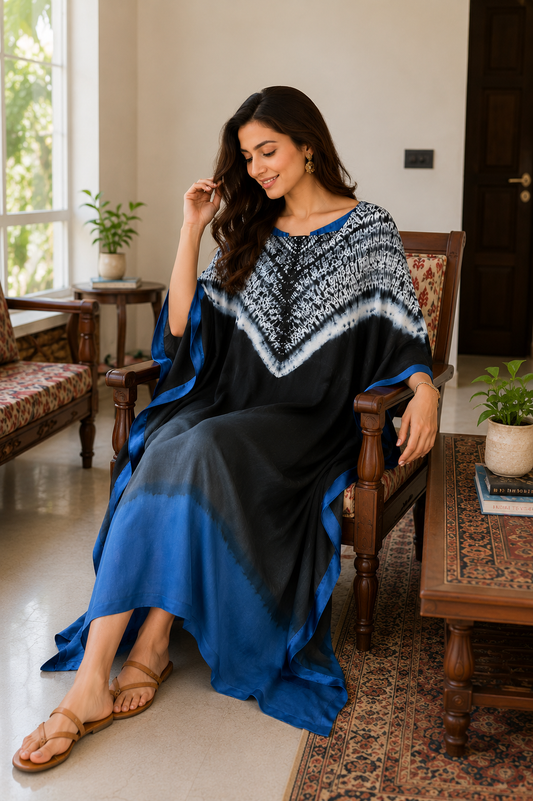 Raat black Shibori modal silk kaftan by Gul