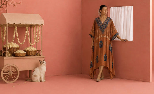 Terracotta Blue Arch Modal Silk Kaftan