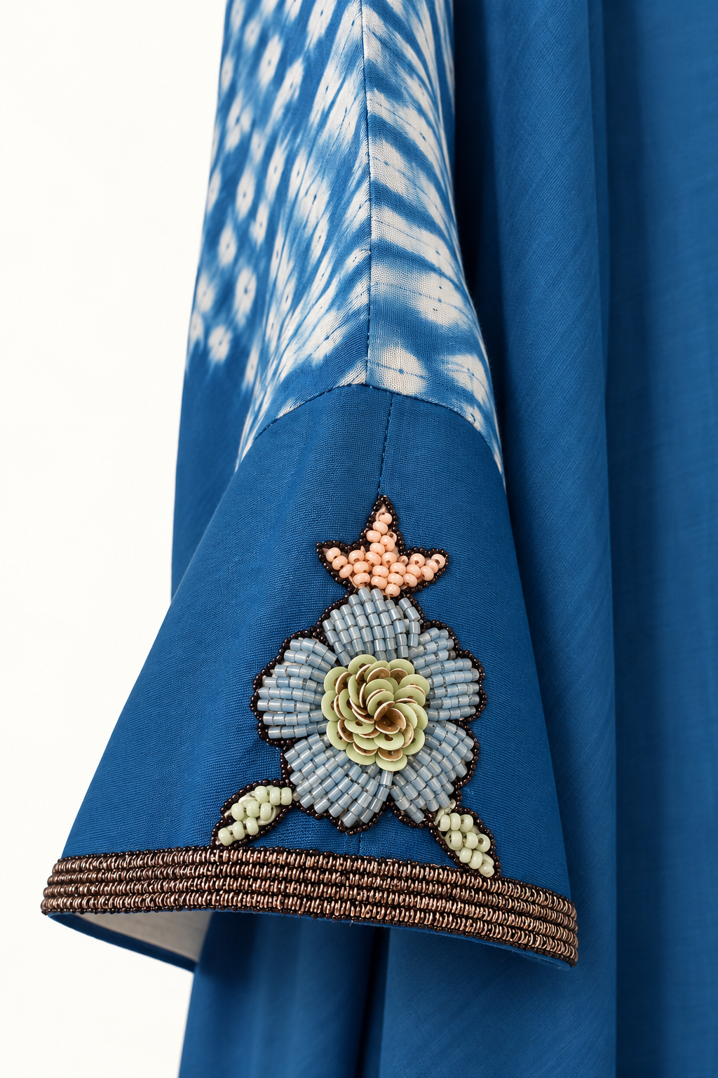 Blue Shibori beaded modal silk kaftan by Gul, full length