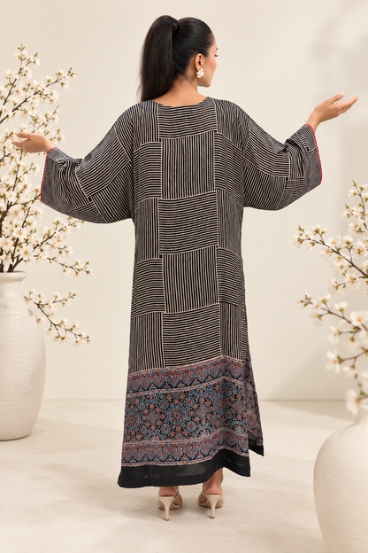 Black and blue printed modal silk kaftan, fourth view