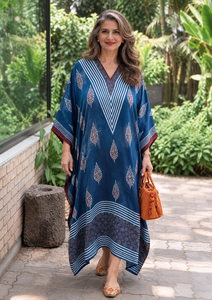 Mor Blue Ajrakh Modal Silk Kaftan
