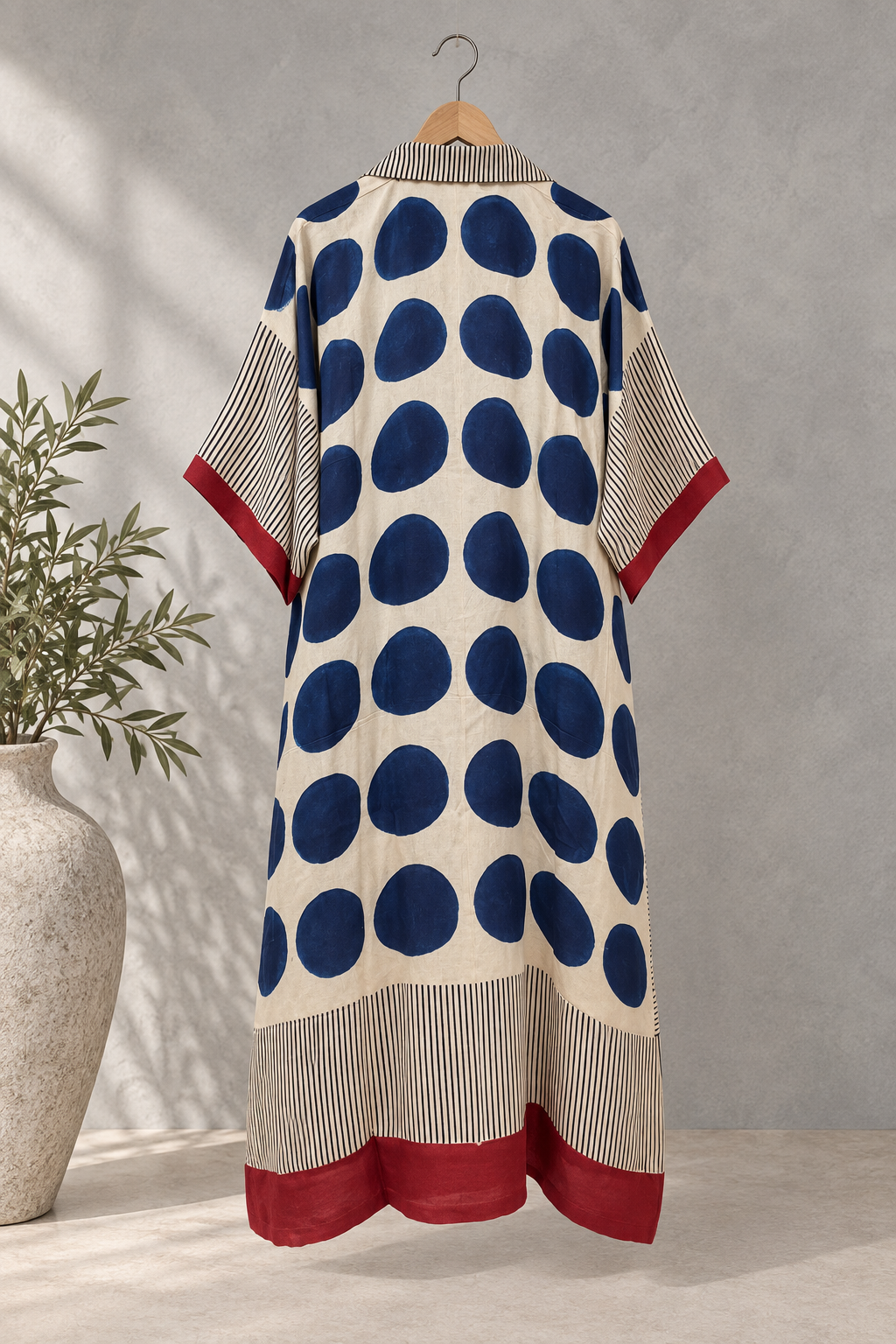 Blue polka modal silk kaftan by Gul, back view