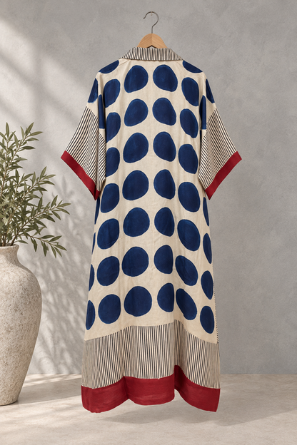Blue polka modal silk kaftan by Gul, back view