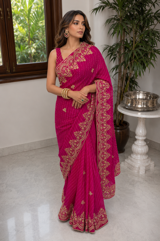 Hot Pink Heavy Gotta Patti Saree