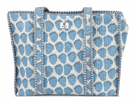 Blue Strawberry Quilted Tote Bag