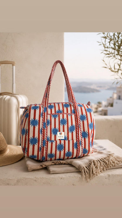 Orange and blue block print duffle bag, second view