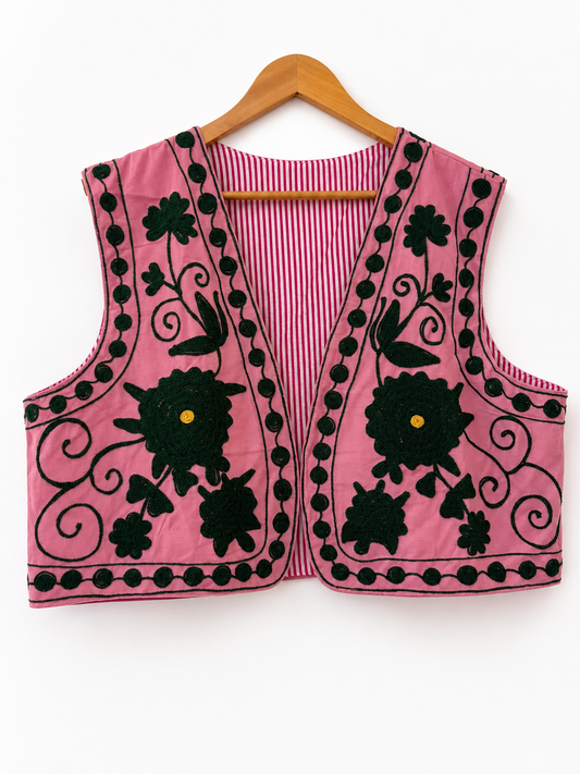 Dusty Pink & Black Floral Suzani Velvet Sleeveless Jacket