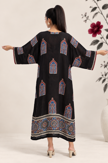 Black printed modal silk kaftan, fourth view