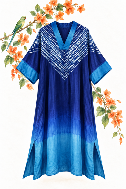 Blue Shibori modal silk kaftan by Gul, back view