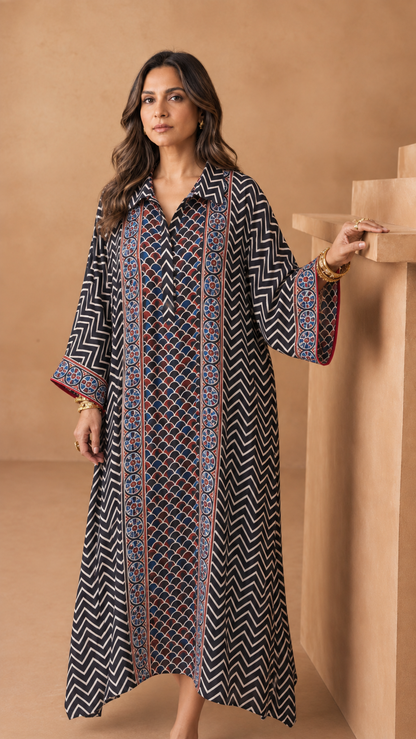 Blue and black chevron modal silk kaftan by Gul