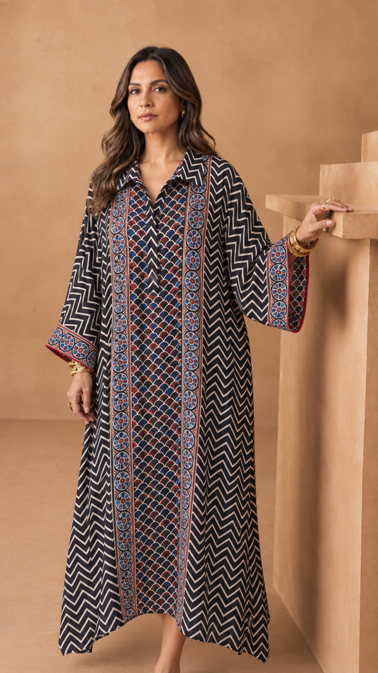 Blue & Black Chevron Modal Silk Kaftan