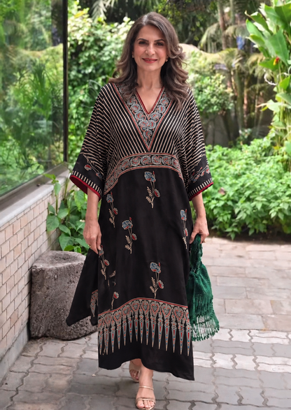 Black floral modal silk kaftan by Gul
