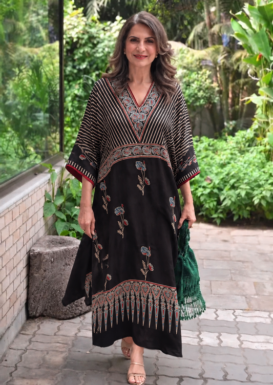 Black Floral Modal Silk Kaftan