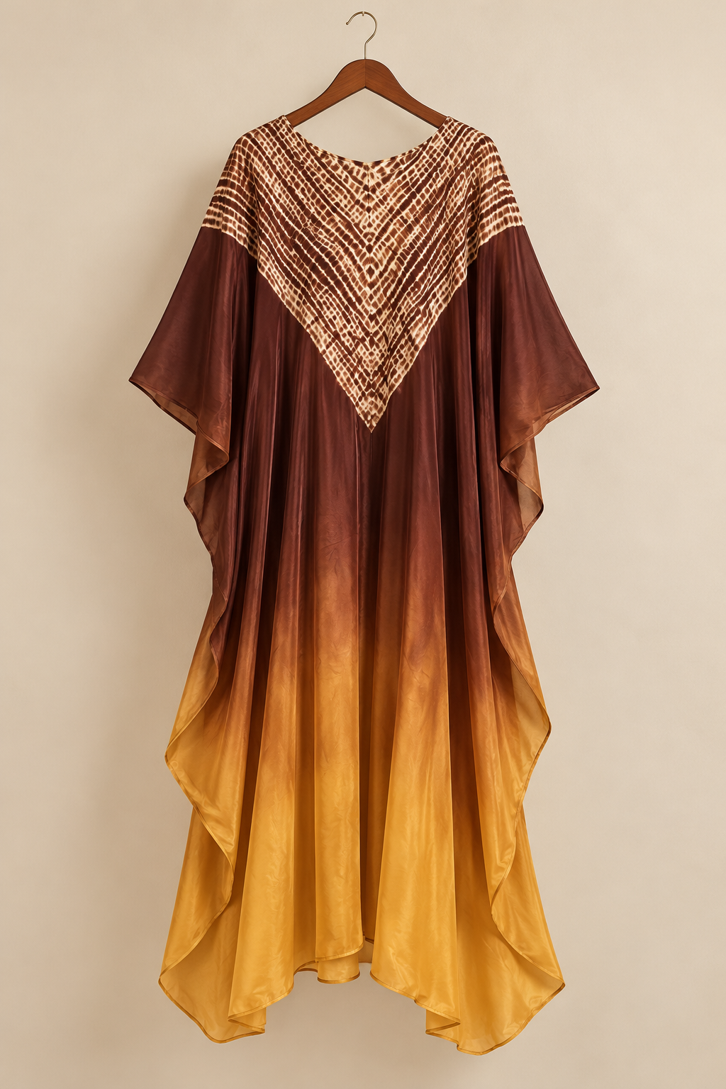 Jaiselmer kaftan, Shibori-dyed neckline detail in amber