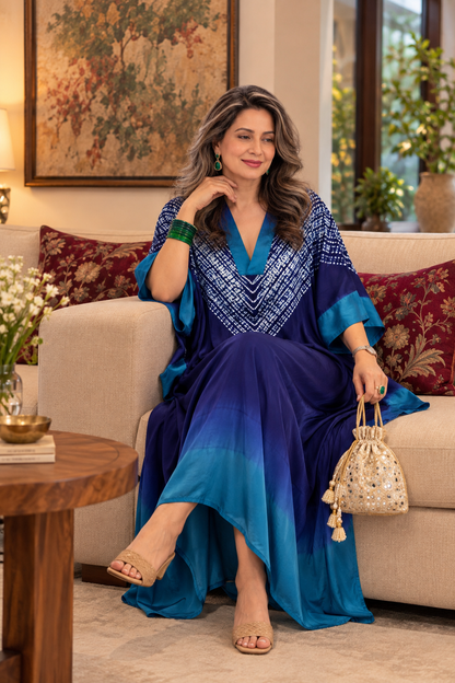 Blue Shibori hand-dyed modal silk kaftan by Gul, front view