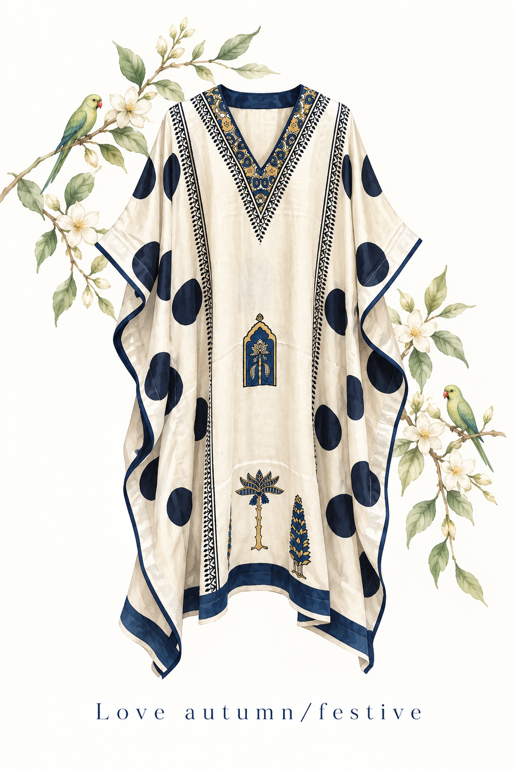 Ivory and navy polka modal silk kaftan by Gul, sleeve and hem border